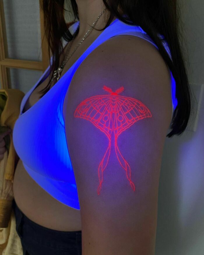 Ultraviolet moth shoulder tattoo