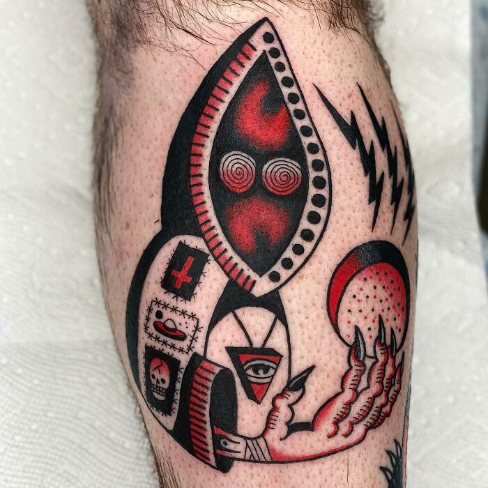 colorful punk wizard on the shin leg tattoo