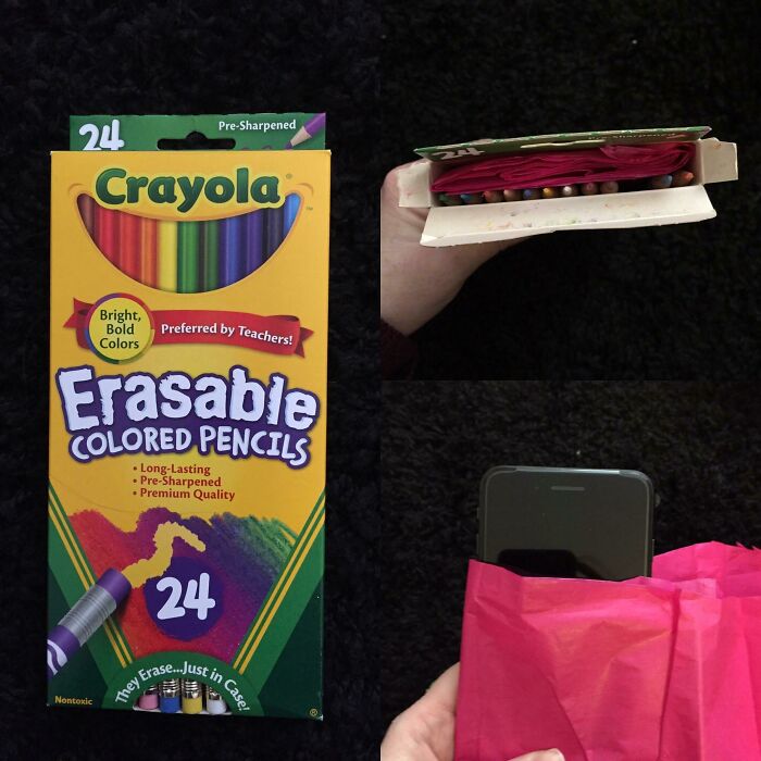 A mi marido siempre le regalaban lápices de colores para su cumpleaños y Navidad cuando era niño, y los odia porque es daltónico. Siempre ha querido un iPhone, así que hoy le he comprado uno y lo envolví de esta forma