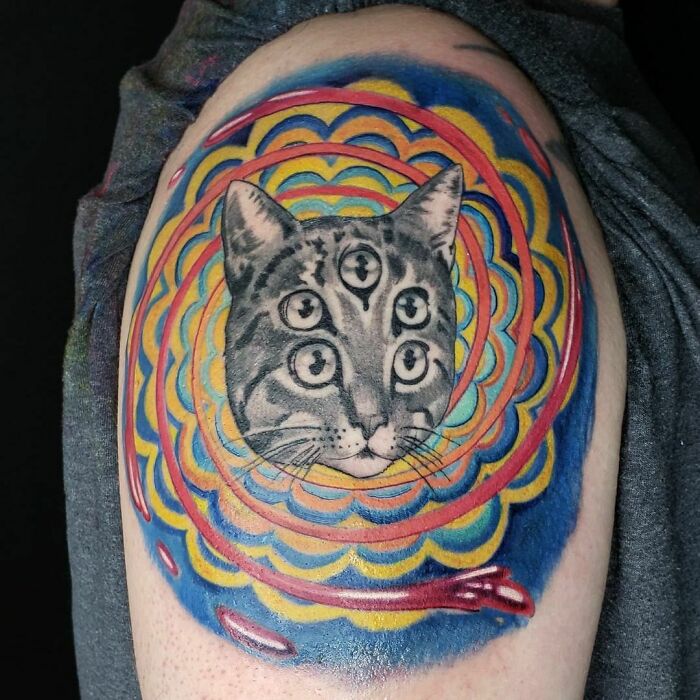 Psychedelic Cat Done By Dennis Hamilton At Canvas Tattoo In Charlotte, NC