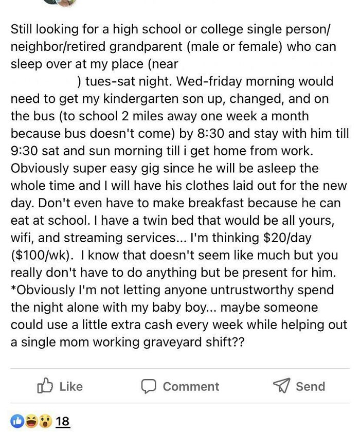 A Local Facebook Group Mom Wants To Pay $100 A Week For Babysitting Overnight And Getting A Child To School