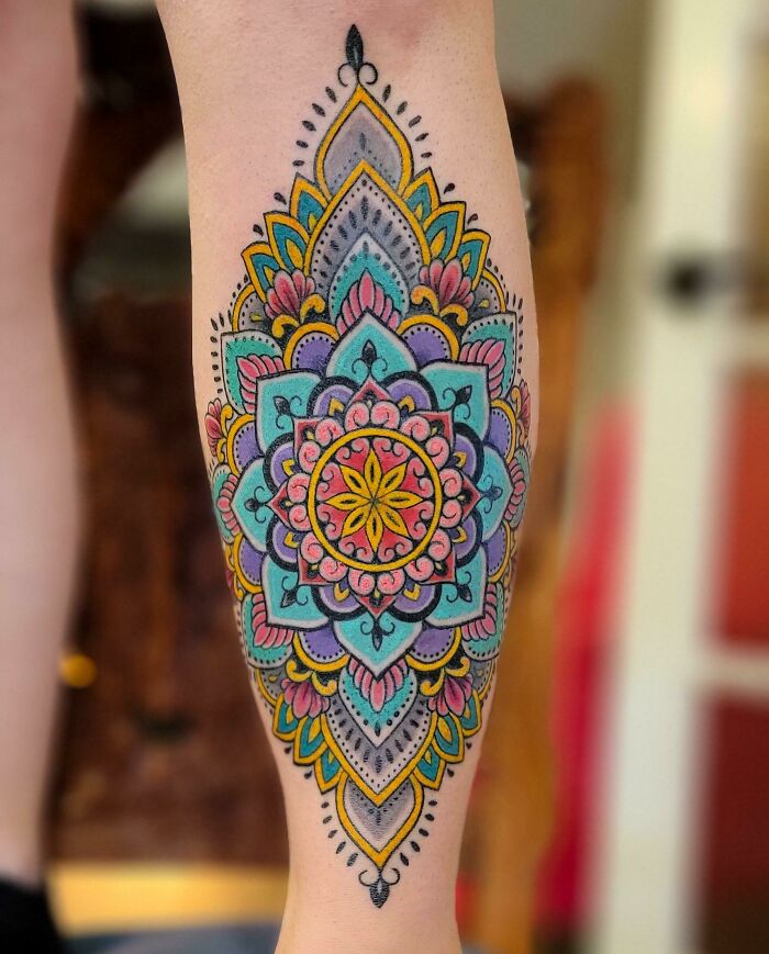 Colorful Mandala leg tattoo