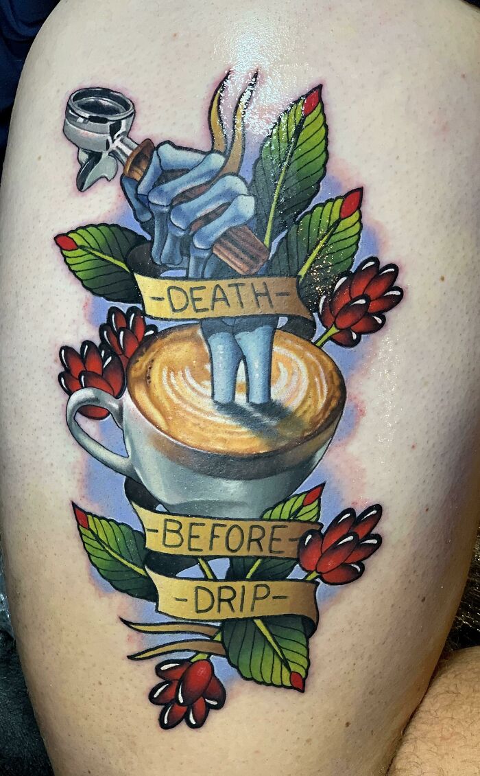 Colorful espresso coffee with skull hand and flowers tattoo