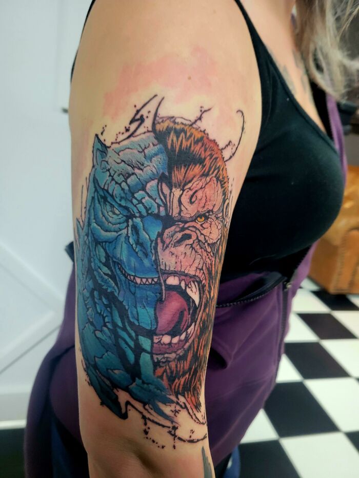Godzilla vs. Kong By Edward At Black Widow Tattoo, Columbia, SC