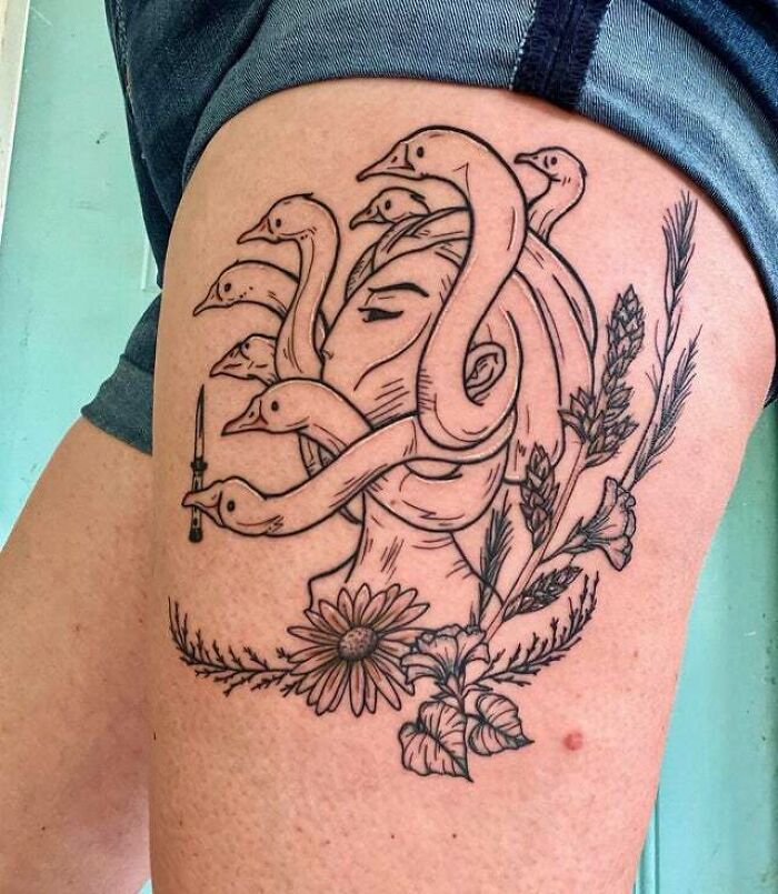 Medusa with gooses leg tattoo