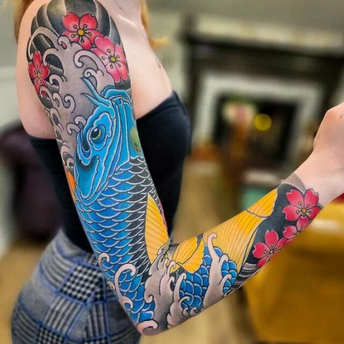 A Blue Koi Fish And Cherry Blossoms By Adam Sky, Morningstar Tattoo Parlor, Belmont, Bay Area, California