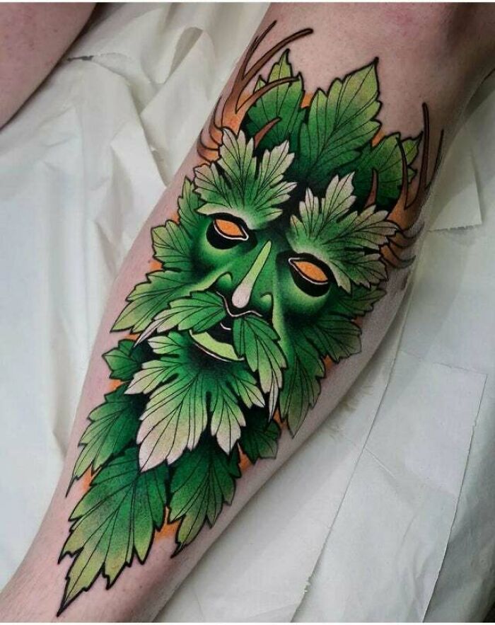 Fresh Green Man Shin Tattoo By Jamie Lee Knott At Chapters Tattoo Studio In Birmingham, England