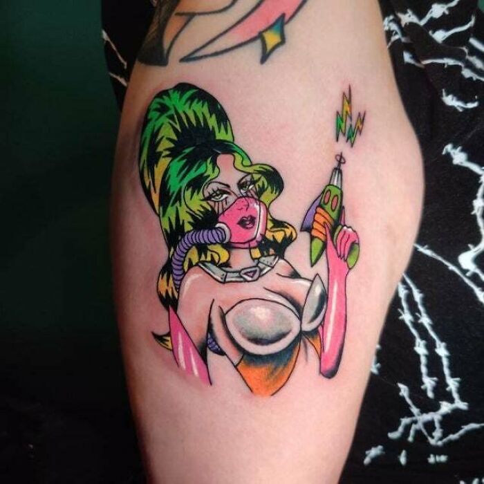 colorful Sci-Fi girl arm tattoo
