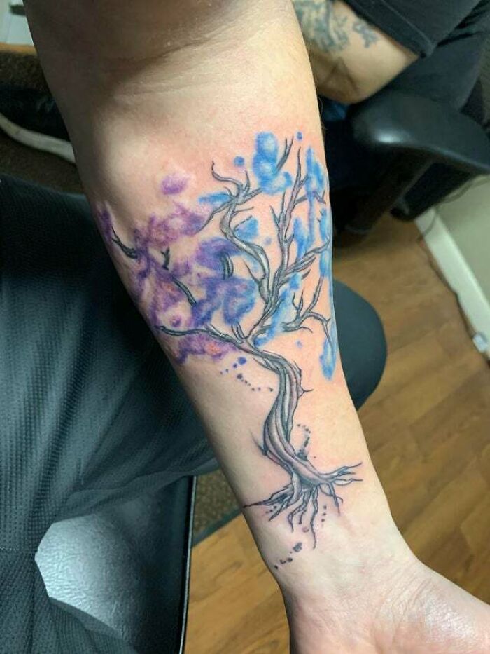 water color tree of life arm tattoo