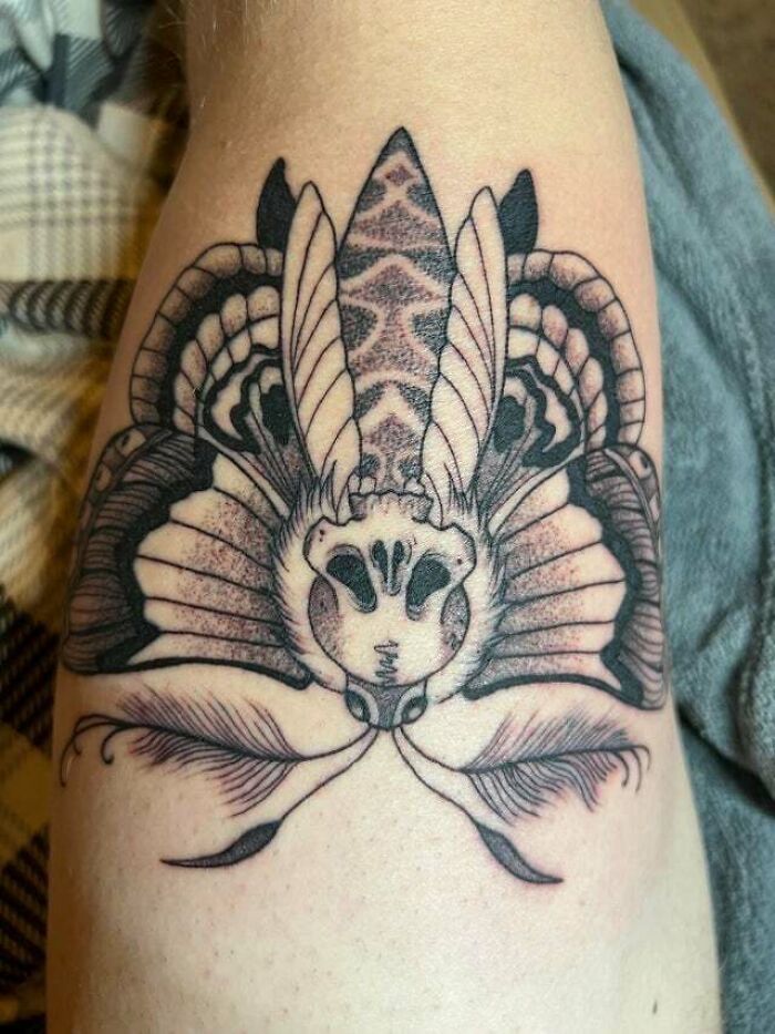 Moth with skull arm tattoo