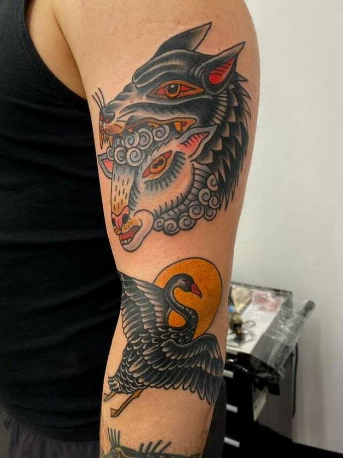 Sheep in wolf's clothing and black swan shoulder arm tattoo