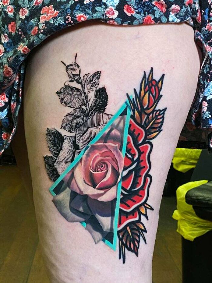 Trippy colorful flowers leg tattoo