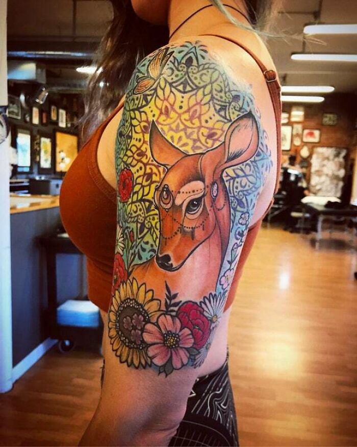 Colorful bambi with flowers shoulder arm sleeve tattoo