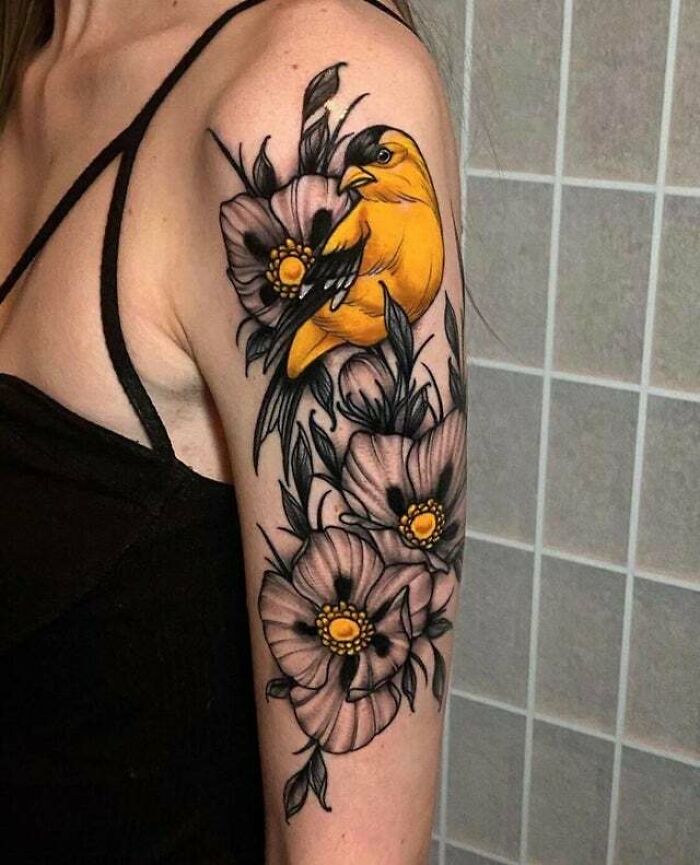 Flowers And Bird Tattoo