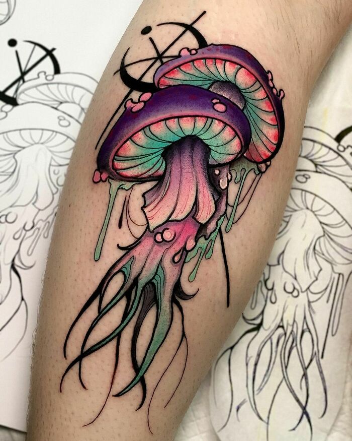 Trippy colorful mushrooms leg tattoo