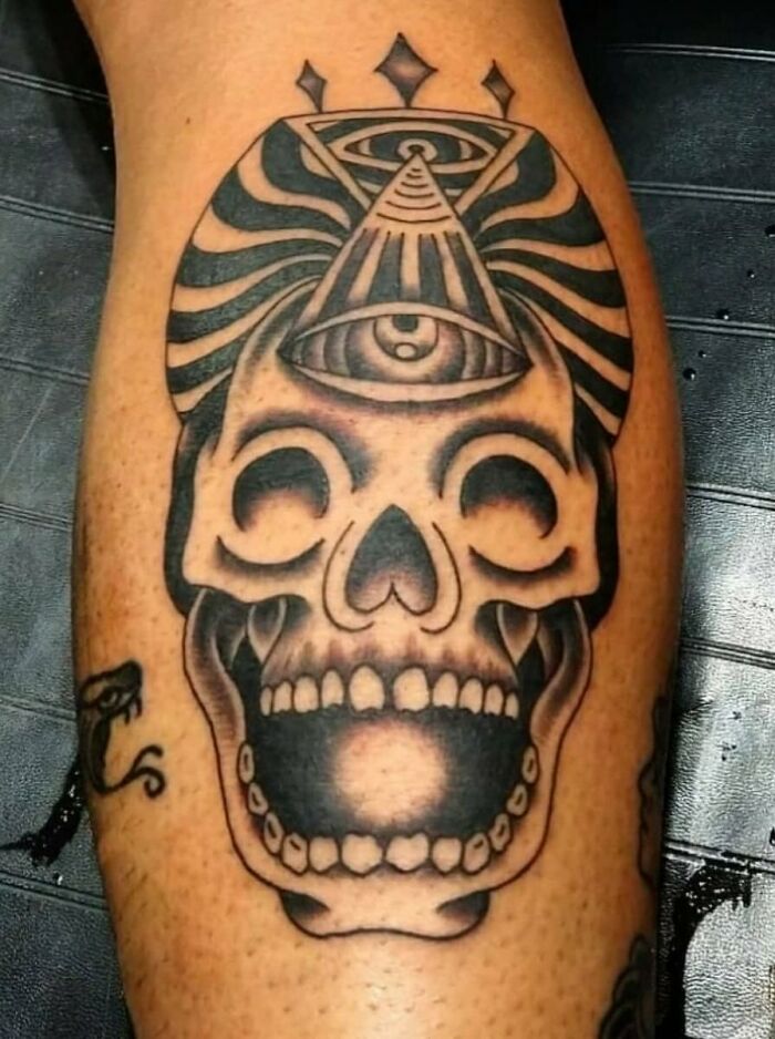 Skull with eyes leg tattoo