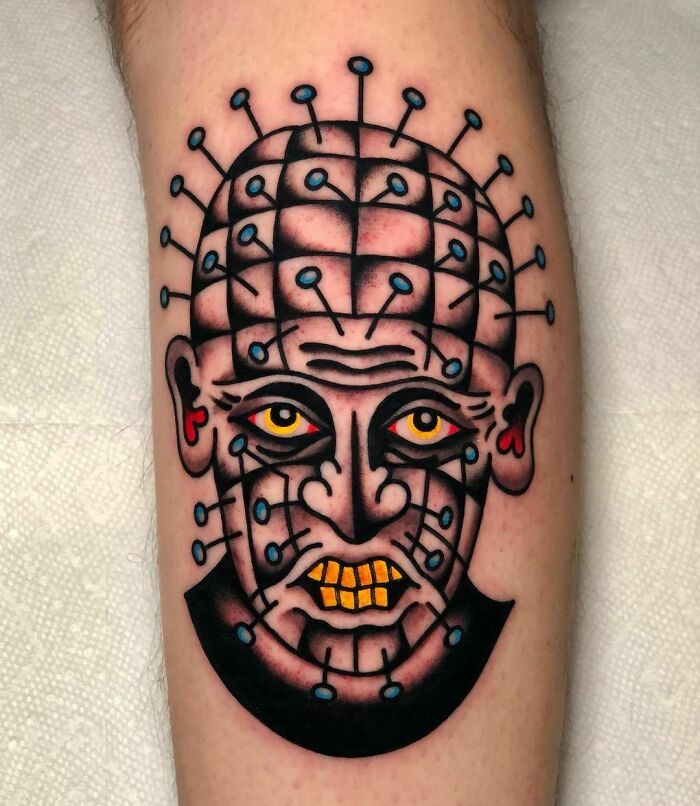 Trippy man with needles leg tattoo