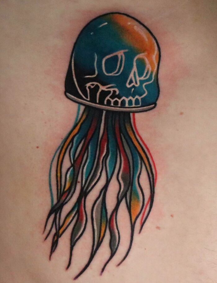 Colorful skull jellyfish tattoo