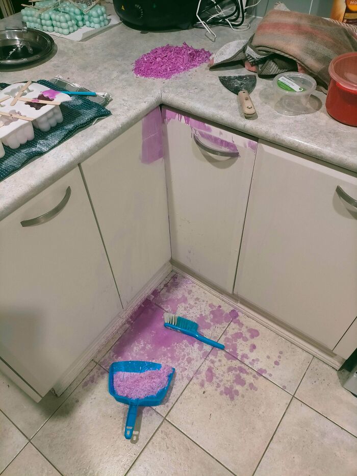 My Sister Spilt Wax All On The Floor While Making Candles Because She Poured It Into A Smoothie Cup. I'm Left Here Cleaning It Up Because "She's Too Tired"