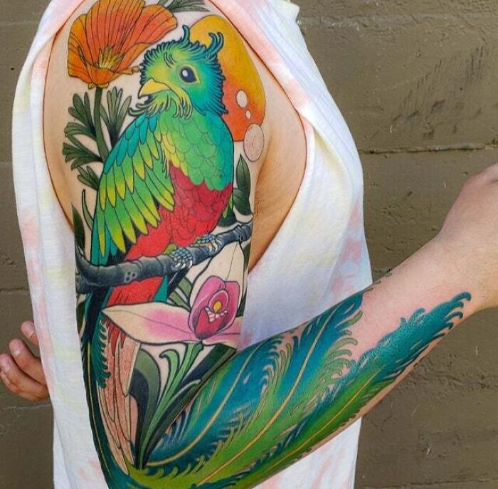 A Colorful Quetzal Tattoo By Adam Sky, Hold Fast Studio, Redwood City, Bay Area, California