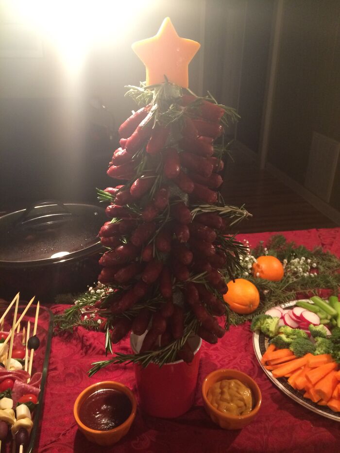 Cocktail Weenies Attached To A Styrofoam Christmas Tree With Toothpicks. Served With Barbecue Sauce, Mustard, Rosemary Garnish, And A Cheddar Cheese Star On Top
