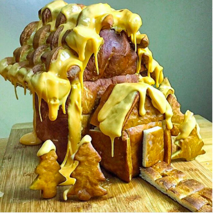 Happy Holidays And Bone Apple Teeth! "Festive" House Made From Pretzel Bread And Cheese Dip