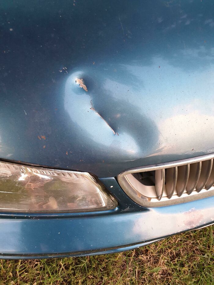 An Industrial Lawnmower Flicked A Rock Into My Car As I Drove By. Had I Not Braked For A Split Second It Would Have Gone Through My Windshield And Into My Face (Left Hand Drive)