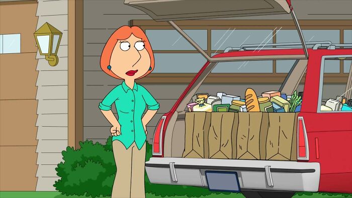 Lois from Family Guy wearing green shirt and taking groceries