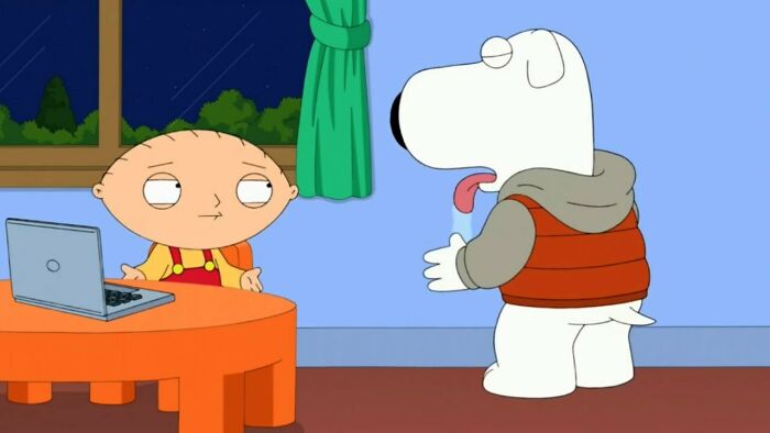 Stewie and Brain from Family Guy talking and Brain licking wall