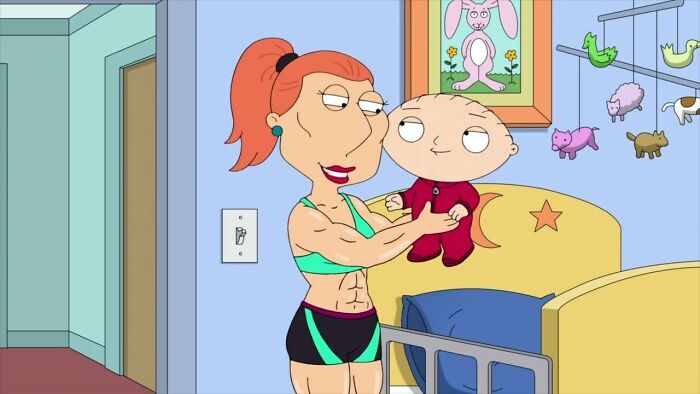 Lois Griffin strong holding Stewie