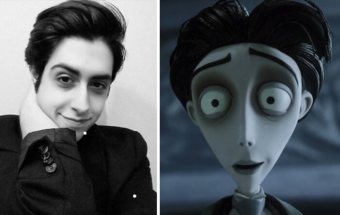Victor Van Dort From Corpse Bride and a black and white picture of a boy looking similar 