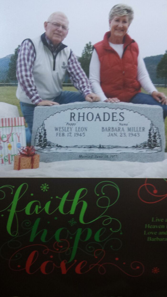 Has To Be One Of The Most Cringeworthy Christmas Cards I’ve Ever Seen. That Is My Parents In Front Of Their Own Gravestones They Purchased This Year