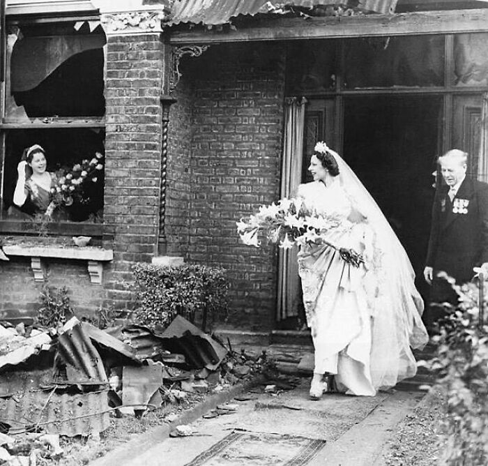 Bride Leaving Her Recently Bombed Home To Get Married, London, 1940