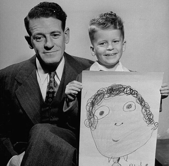 En el Día del Padre, se pidió a niños de guardería que dibujaran de memoria retratos de sus padres y luego los compararan con el original, Life Magazine, EE.UU., 1949