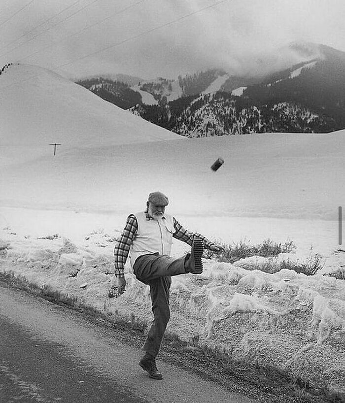 Drunk Ernest Hemingway Playing Soccer With A Can Of Beer, 1959