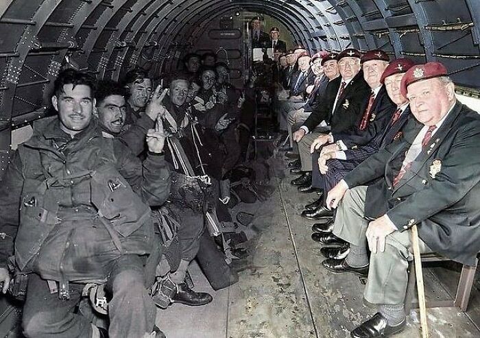 British Veteran Paratroopers In Front Of Their Younger Versions On The Same Plane They Used To Jump Over Normandy In June 1944