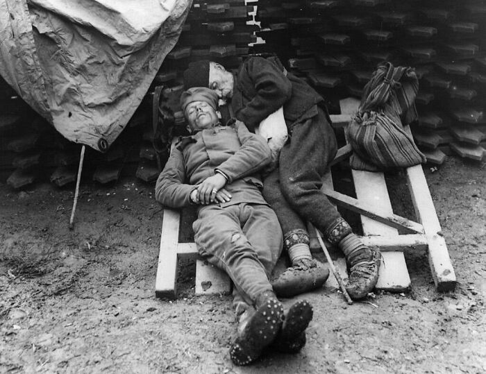 A Serbian Soldier Sleeps With His Father Who Came To Visit Him On The Front Line Near Belgrade, 1914/1915
