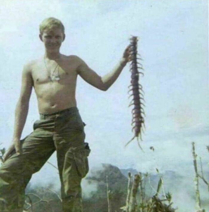 Un soldado estadounidense sostiene un ciempiés gigante durante la guerra de Vietnam, 1967