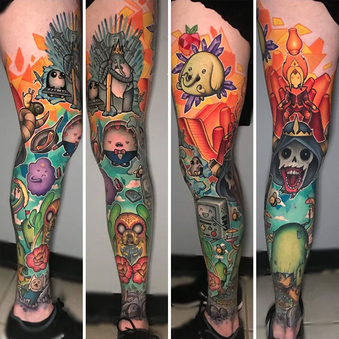 Adventure Time inspired leg sleeve tattoo 