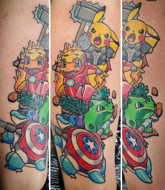 Pokemon/Avengers Mashup tattoo