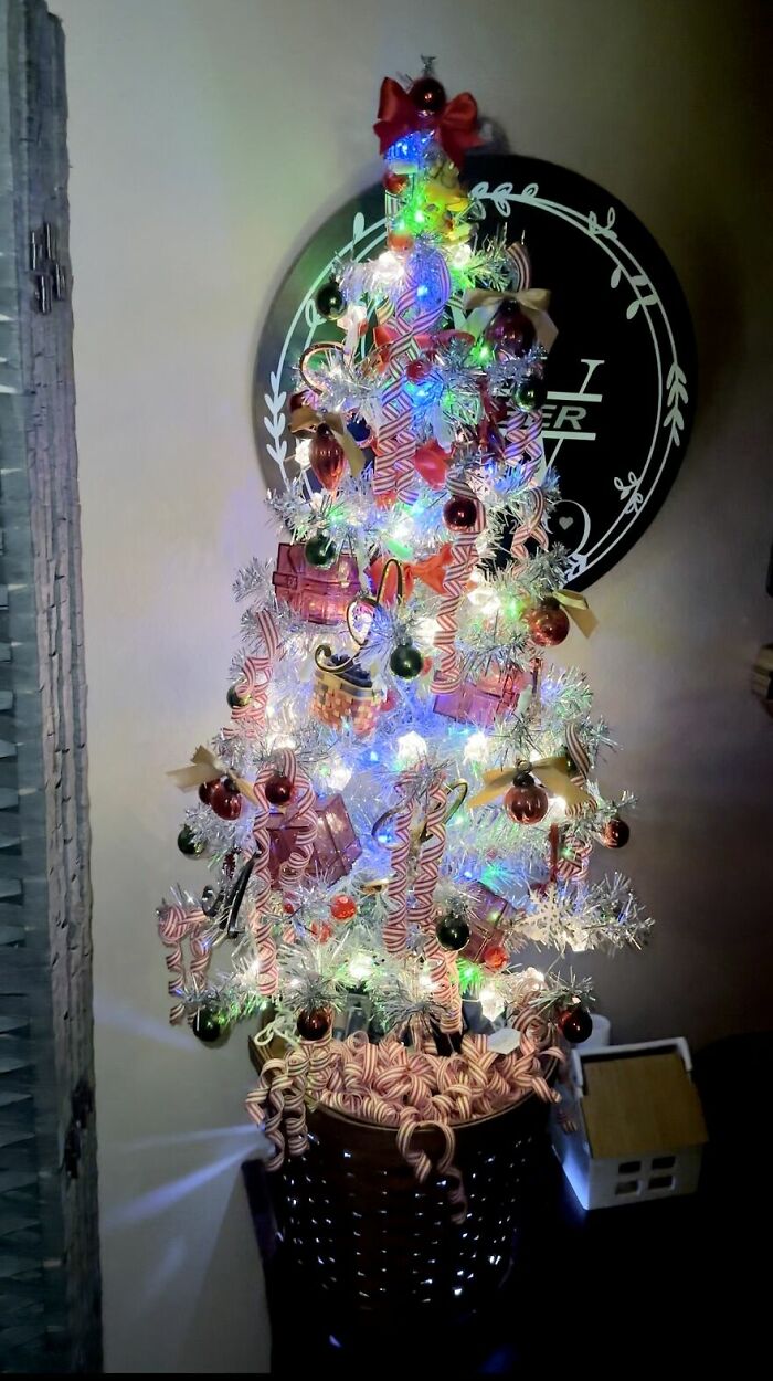 My Little Silver Christmas Tree I Created Myself. It Has Sparkly Lights And The Base Is A Longaberger Basket Sleeve That I Put Lights Inside