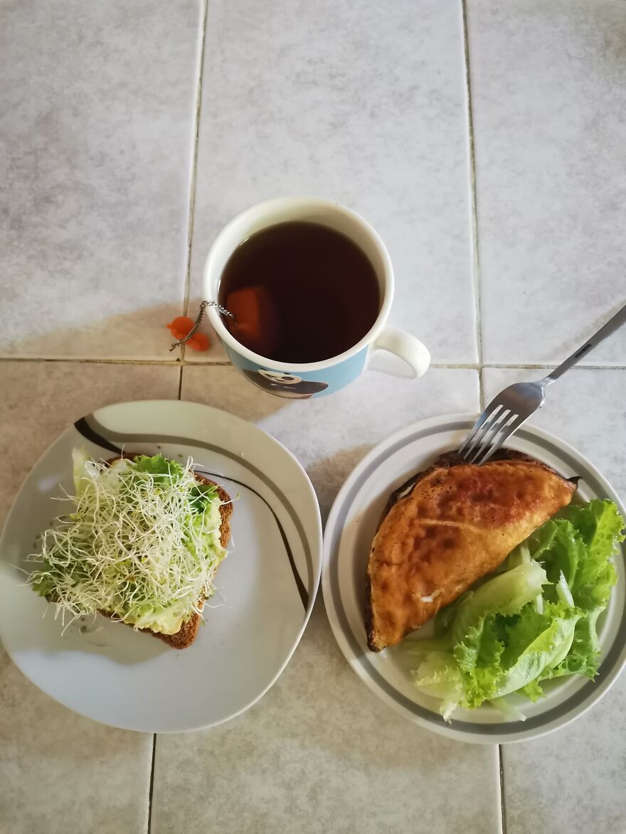 Spinach And Goat Cheese Omelette With An Avocado Toast And English Breakfast Tea
