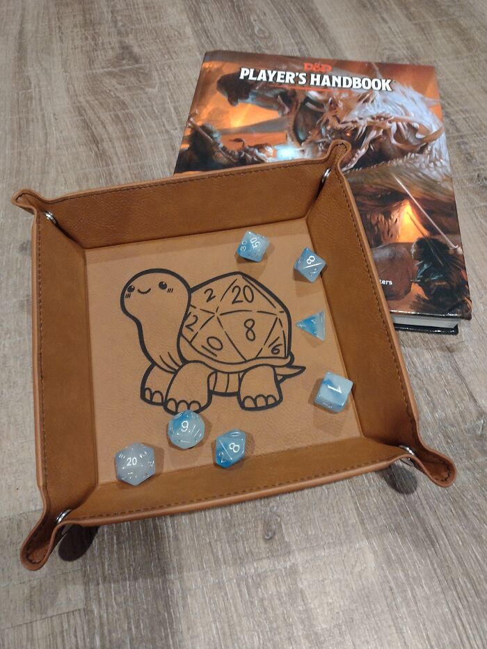 Got A Dice Tray And Some Glow-In-The-Dark Dice From My Cousin. Also Finally Got A Physical Copy Of The Players Handbook So I Don't Have To Keep Borrowing My Dm's