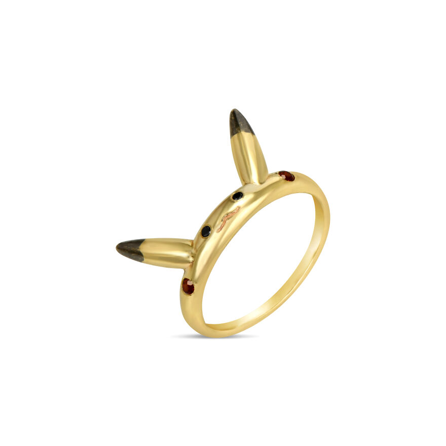 Pikachu Inspired Ring- 14k Gold, Black Diamonds, Rubies