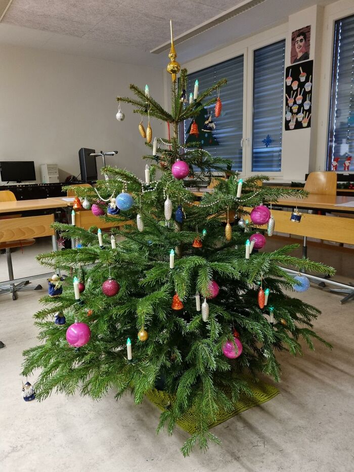 Every Year We Have A Real Xmas Tree (Fir) In The Classroom. I Buy The Tree And The Chocolate. My Students Do The Decorating