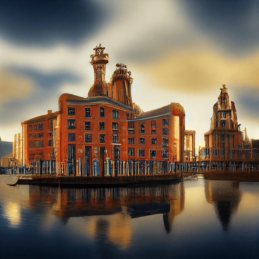 Royal Albert Dock, Liverpool In England, Reimagined In The Style Of Gaudi