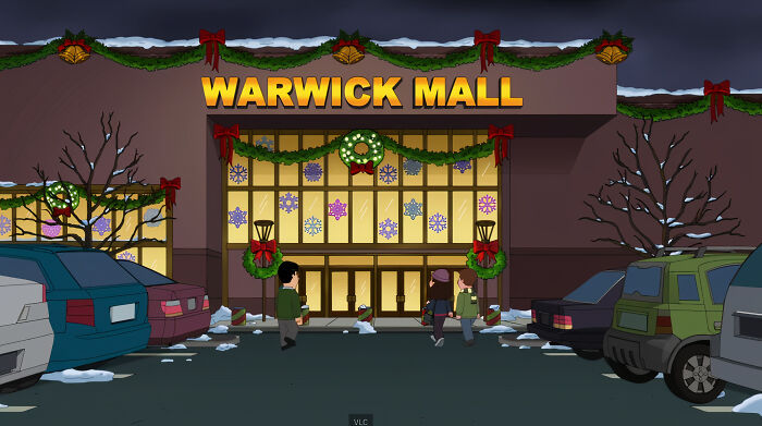Family Guy Warwick Mall with Christmas decorations