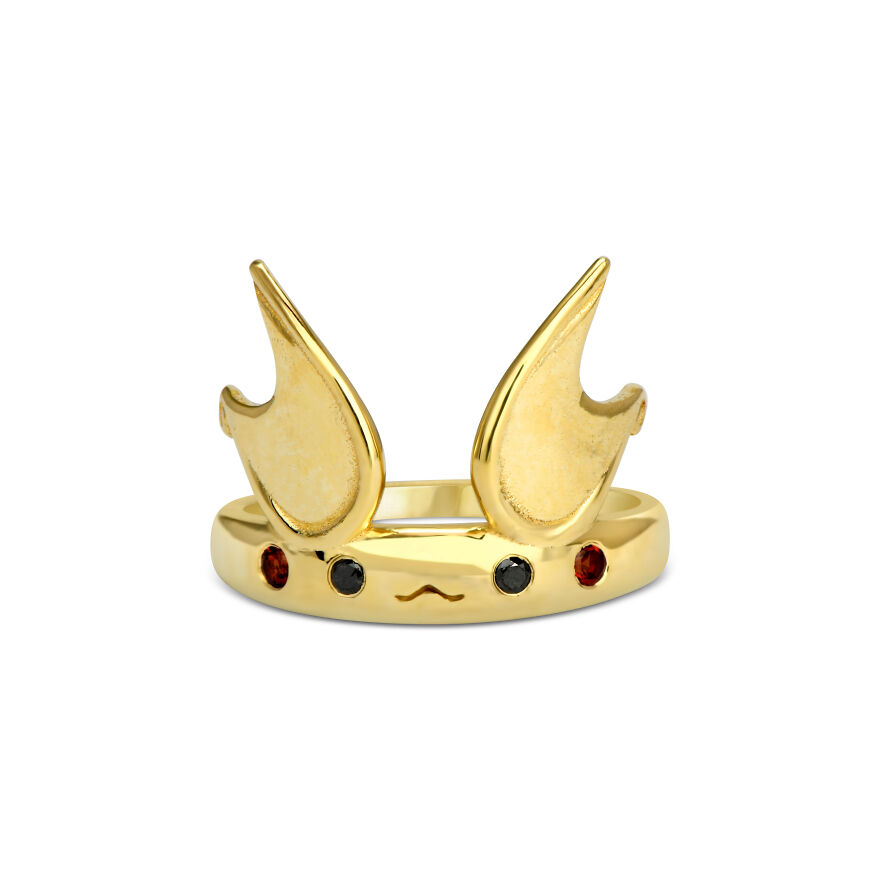 Raichu Inspired Ring- 14k Gold, Black Diamonds, Rubies