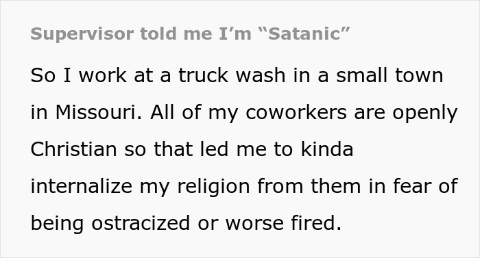 Text about an employee at a truck wash facing issues with a Christian boss over tattoo ideas. Text about an employee at a truck wash facing issues with a Christian boss over tattoo ideas.
