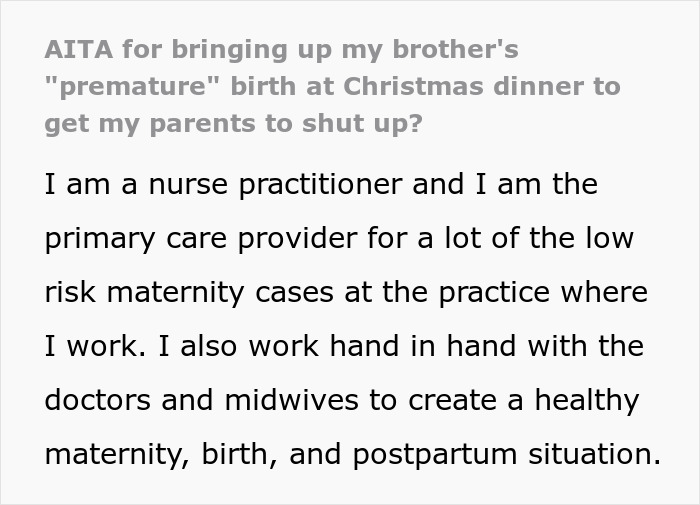 Man Ponders “AITA For Bringing Up My Brother’s ‘Premature’ Birth At Christmas Dinner To Get My Parents To Shut Up?”